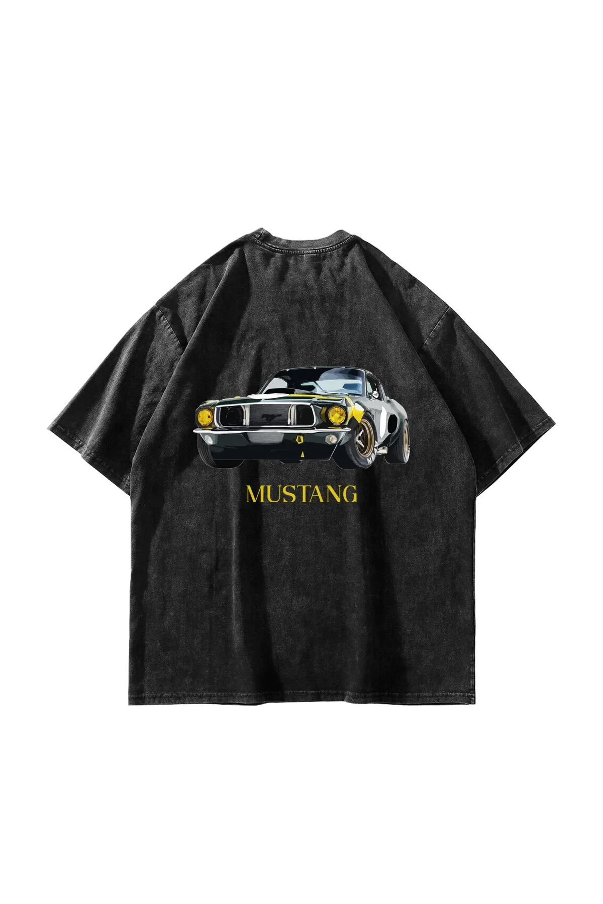 Old Mstng Baskılı Oversize Unisex Yıkamalı Siyah Tshirt