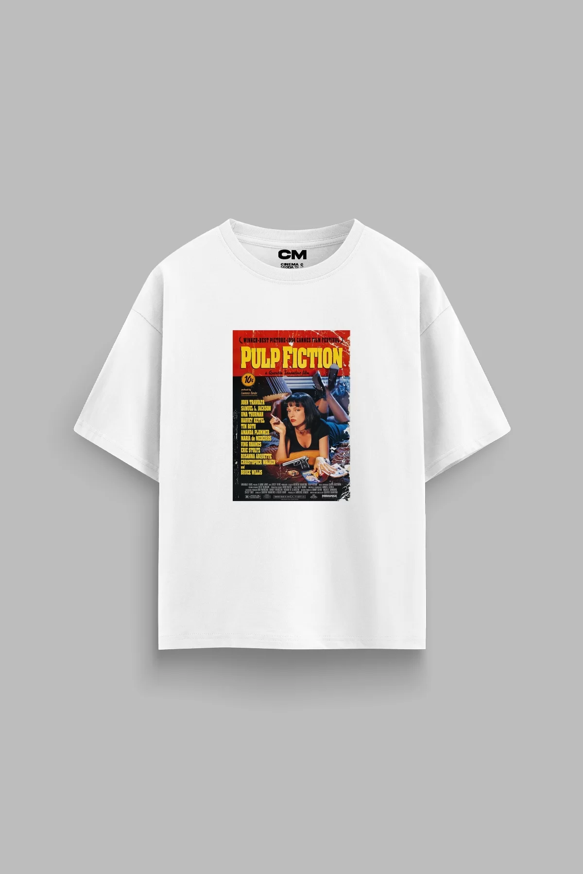 P. Fiction Baskılı Rahat Kalıp 30/1 Unisex Beyaz Tshirt