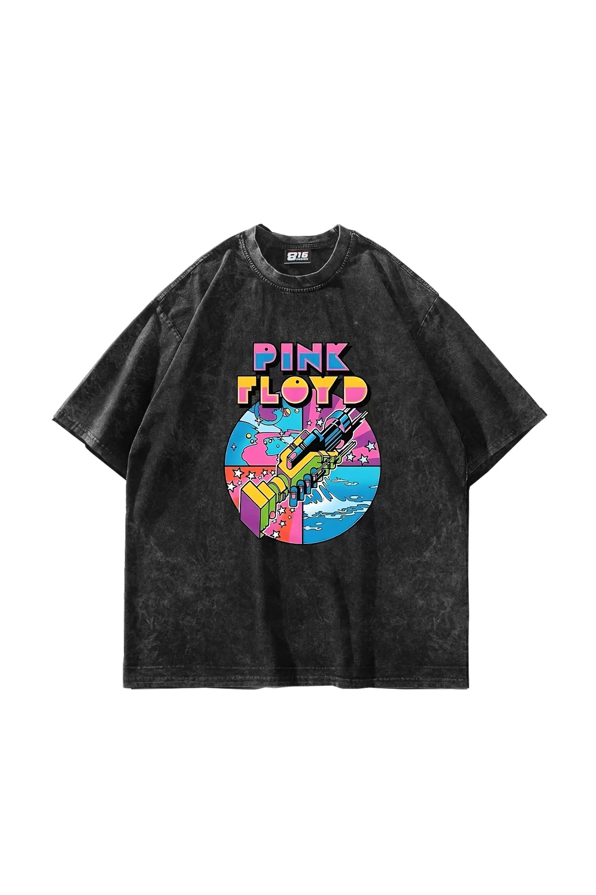 P. Floyd Baskılı Yıkamalı Siyah Oversize Unisex Tshirt