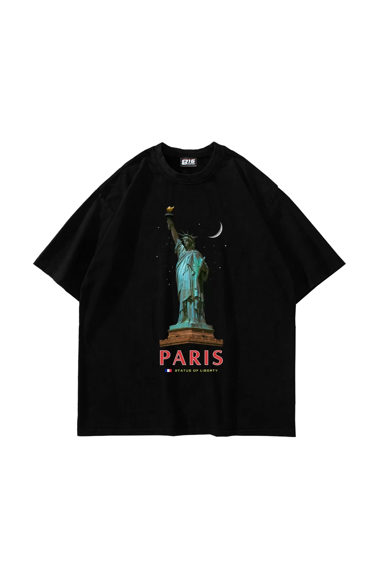 Parıs State Of Lıberty Baskılı Oversize Unisex Siyah Tshirt