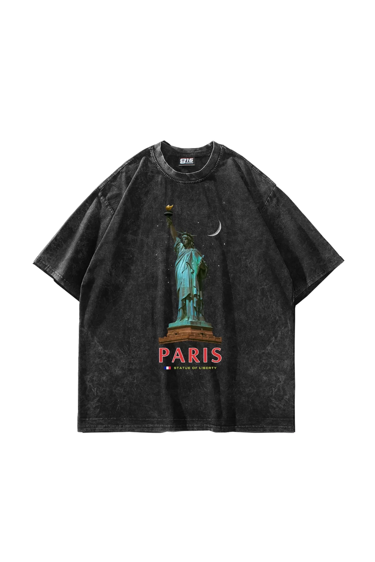 Parıs State Of Lıberty Baskılı Oversize Unisex Yıkamalı Siyah Tshirt