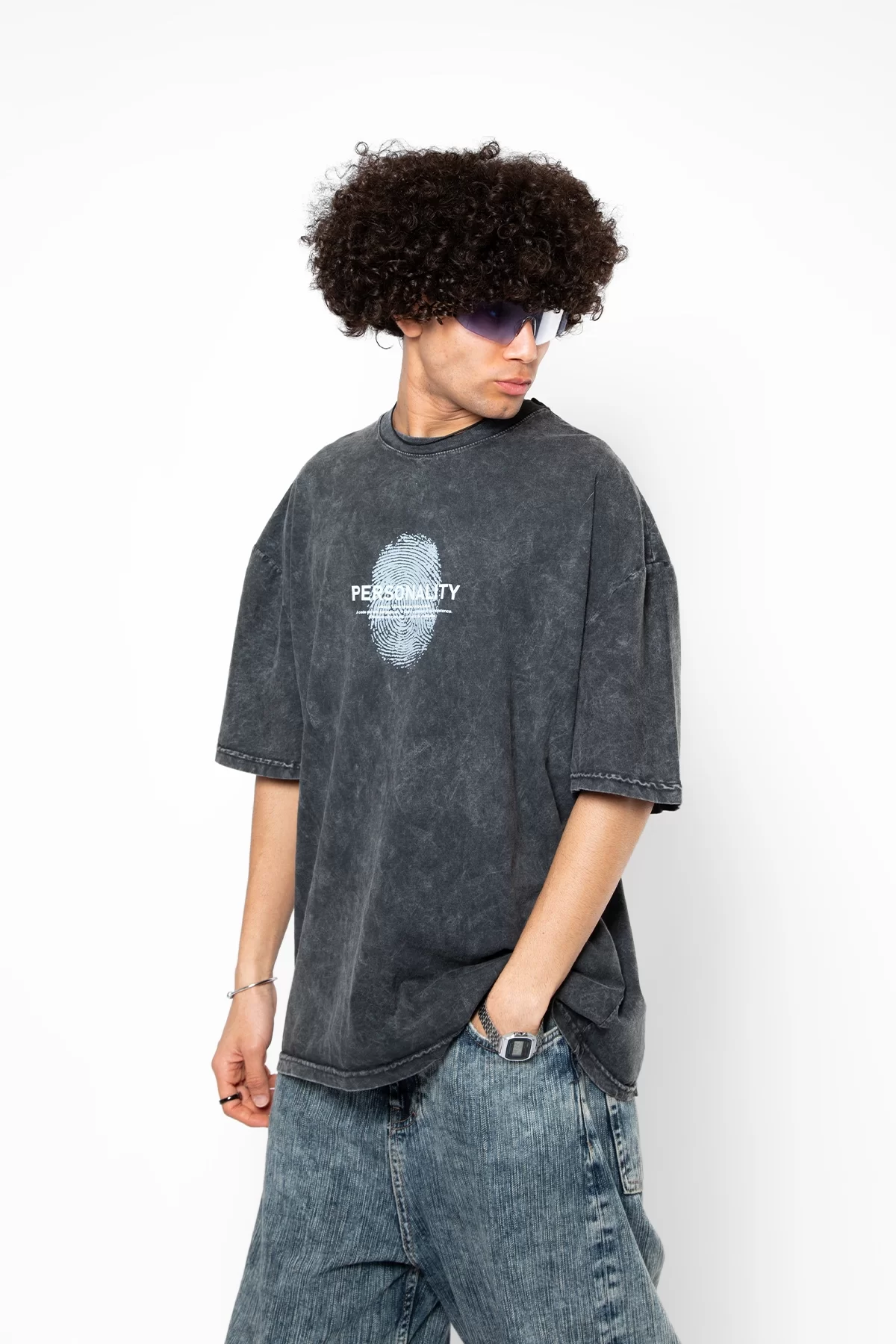 Personality Baskılı Oversize Unisex Yıkamalı Siyah Tshirt