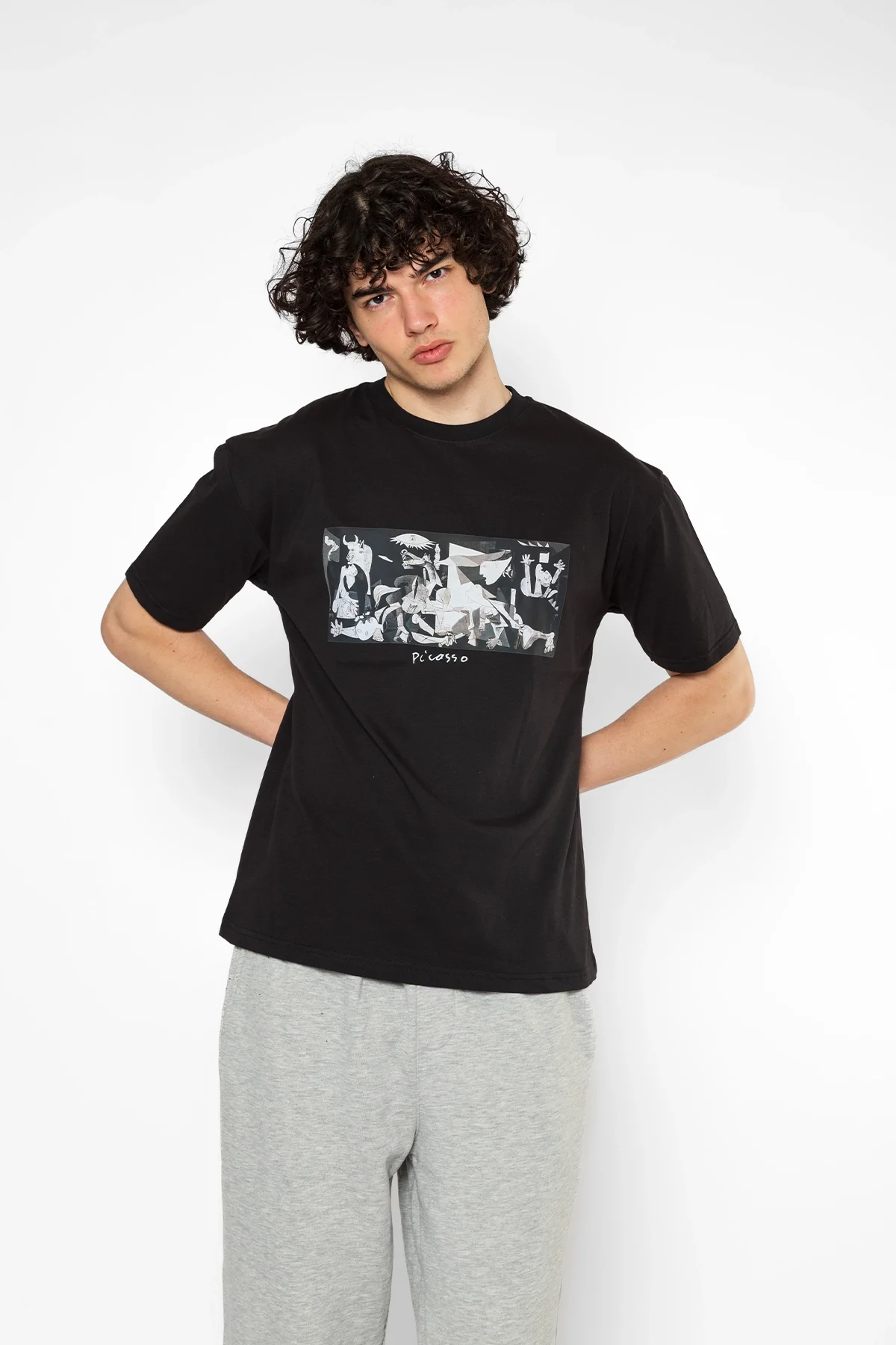 Picasso Guernica Baskılı Oversize Unisex Siyah Tshirt