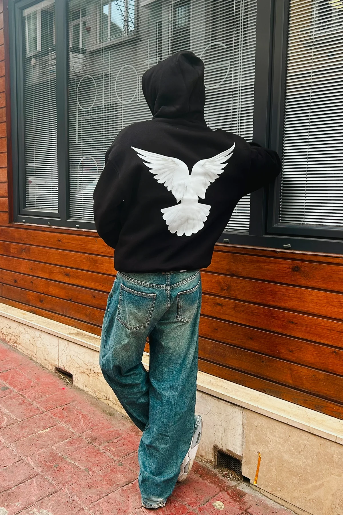 Pigeon Wings Baskılı Oversize Unisex Siyah Hoodie