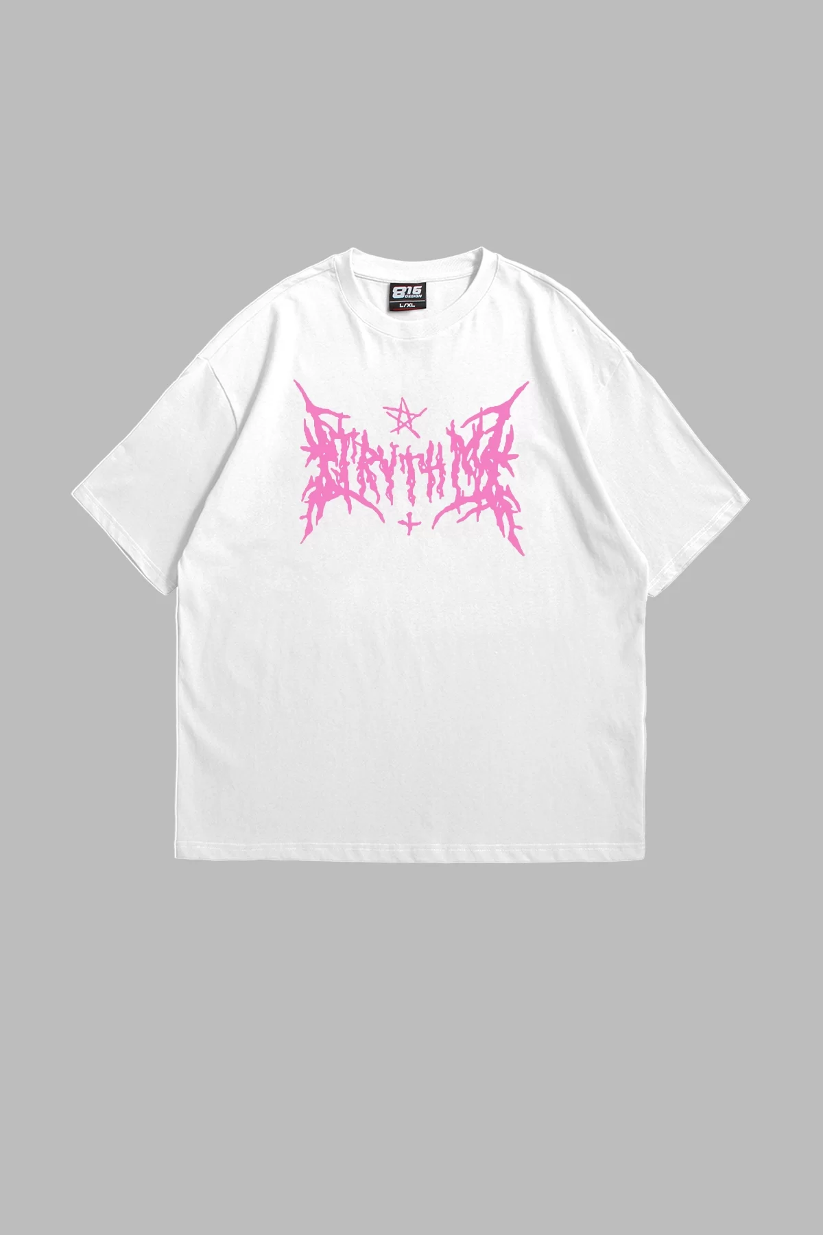 Pink Gotik Baskılı Oversize Unisex Beyaz Tshirt