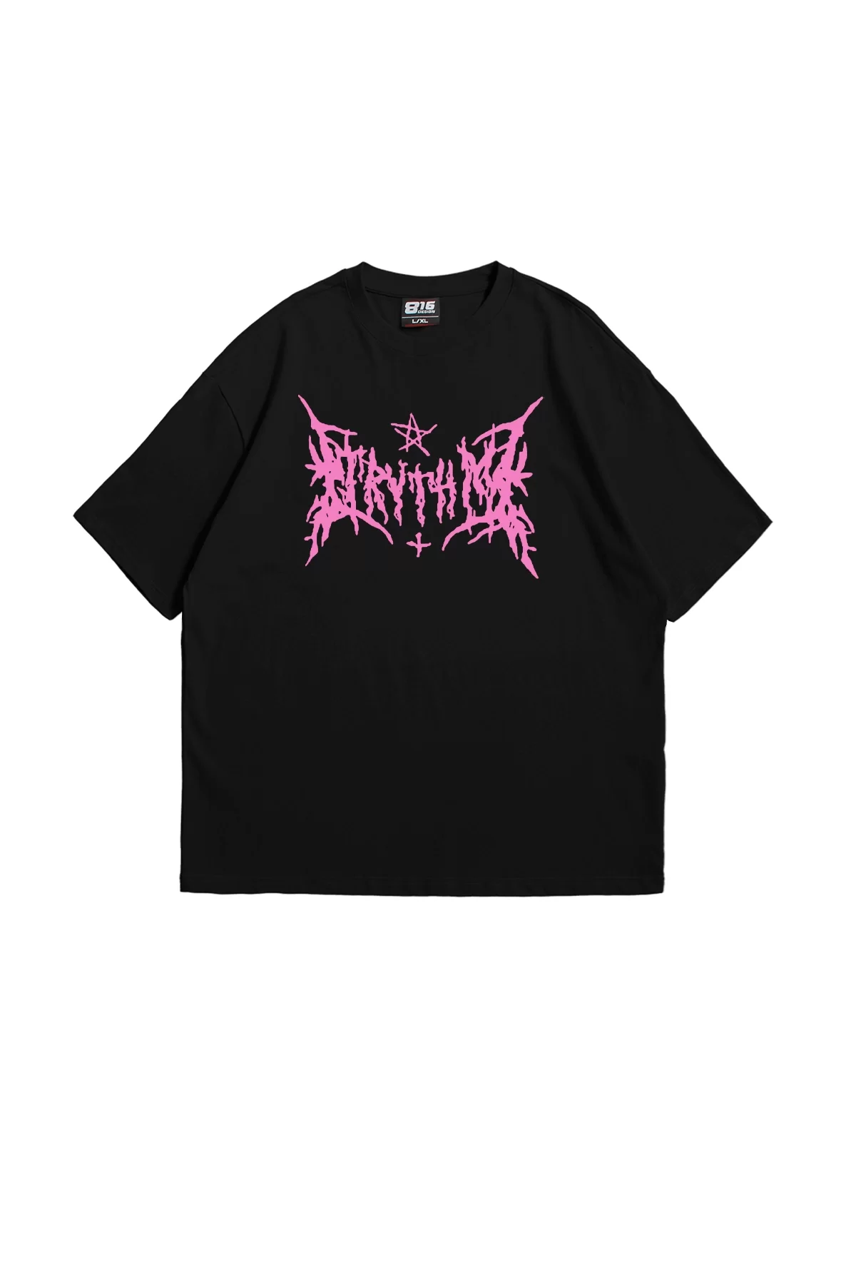 Pink Gotik Baskılı Oversize Unisex Siyah Tshirt