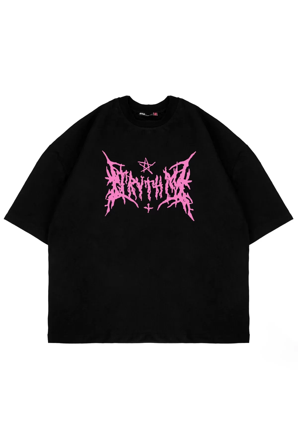 Pink Gotik Baskılı Oversize Unisex Siyah Tshirt