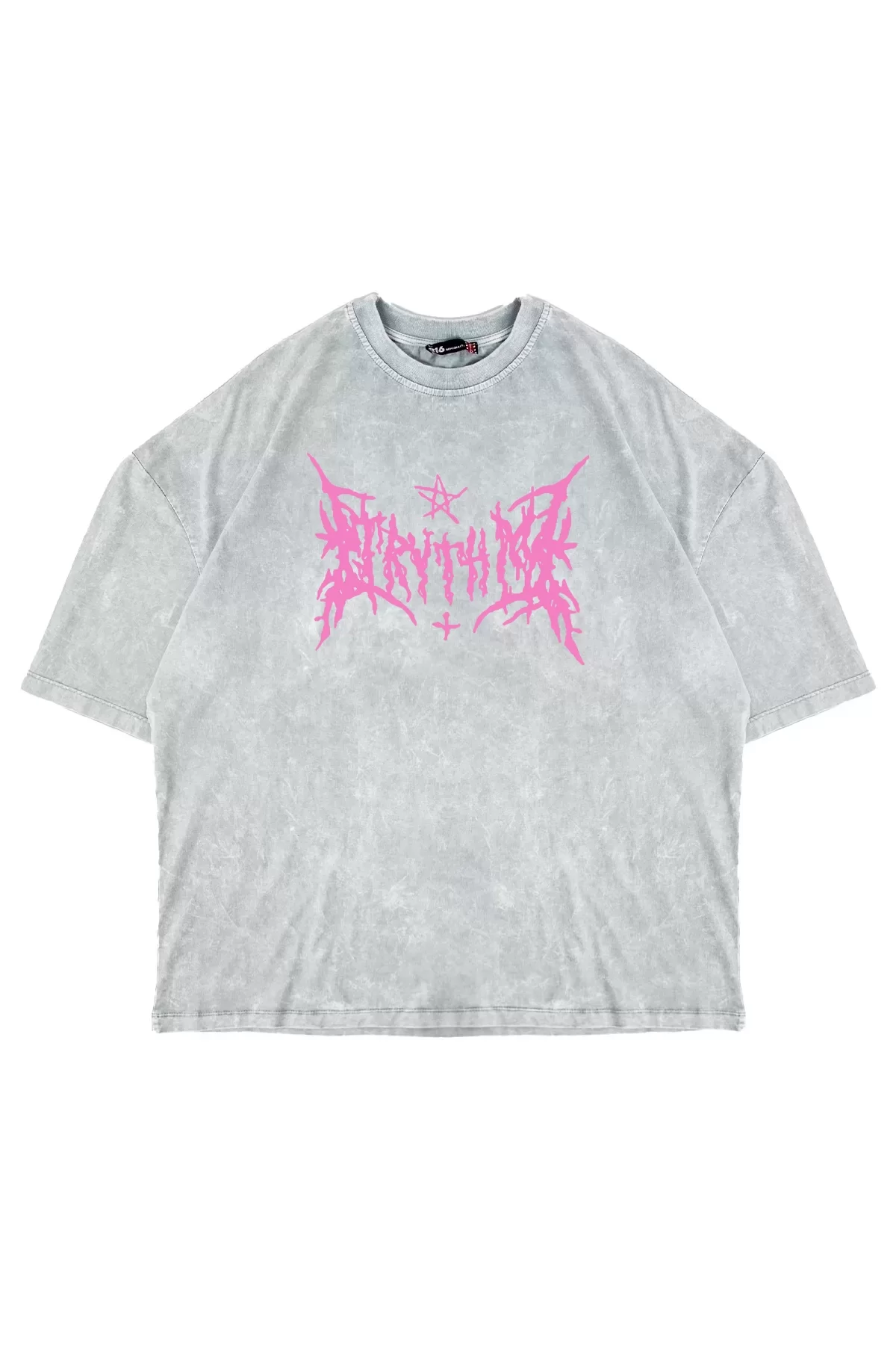 Pink Gotik Baskılı Oversize Unisex Yıkamalı Beyaz Tshirt