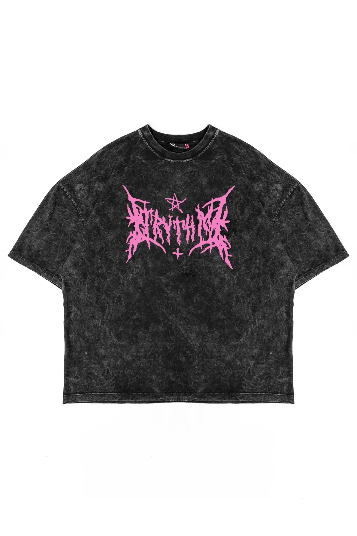 Pink Gotik Baskılı Oversize Unisex Yıkamalı Siyah Tshirt