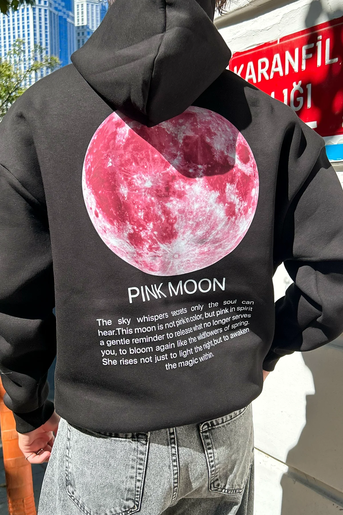 Pink Moon Baskılı Oversize Unisex Siyah Hoodie