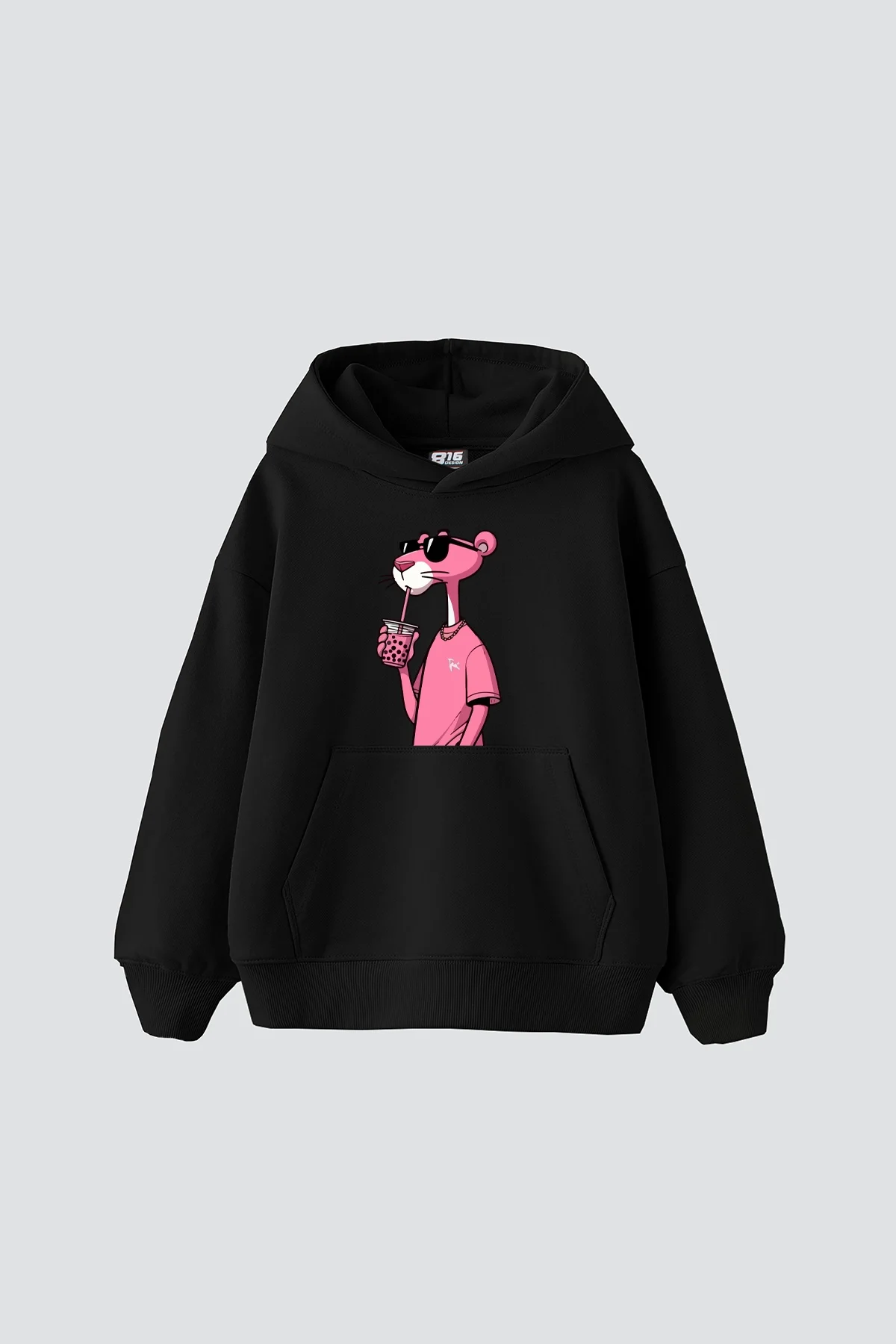 Pink Panther V2 Baskılı Oversize Unisex Siyah Hoodie