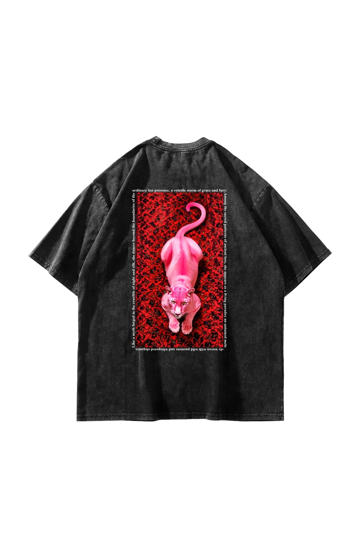 Pink Panther Baskılı Oversize Unisex Yıkamalı Siyah Tshirt