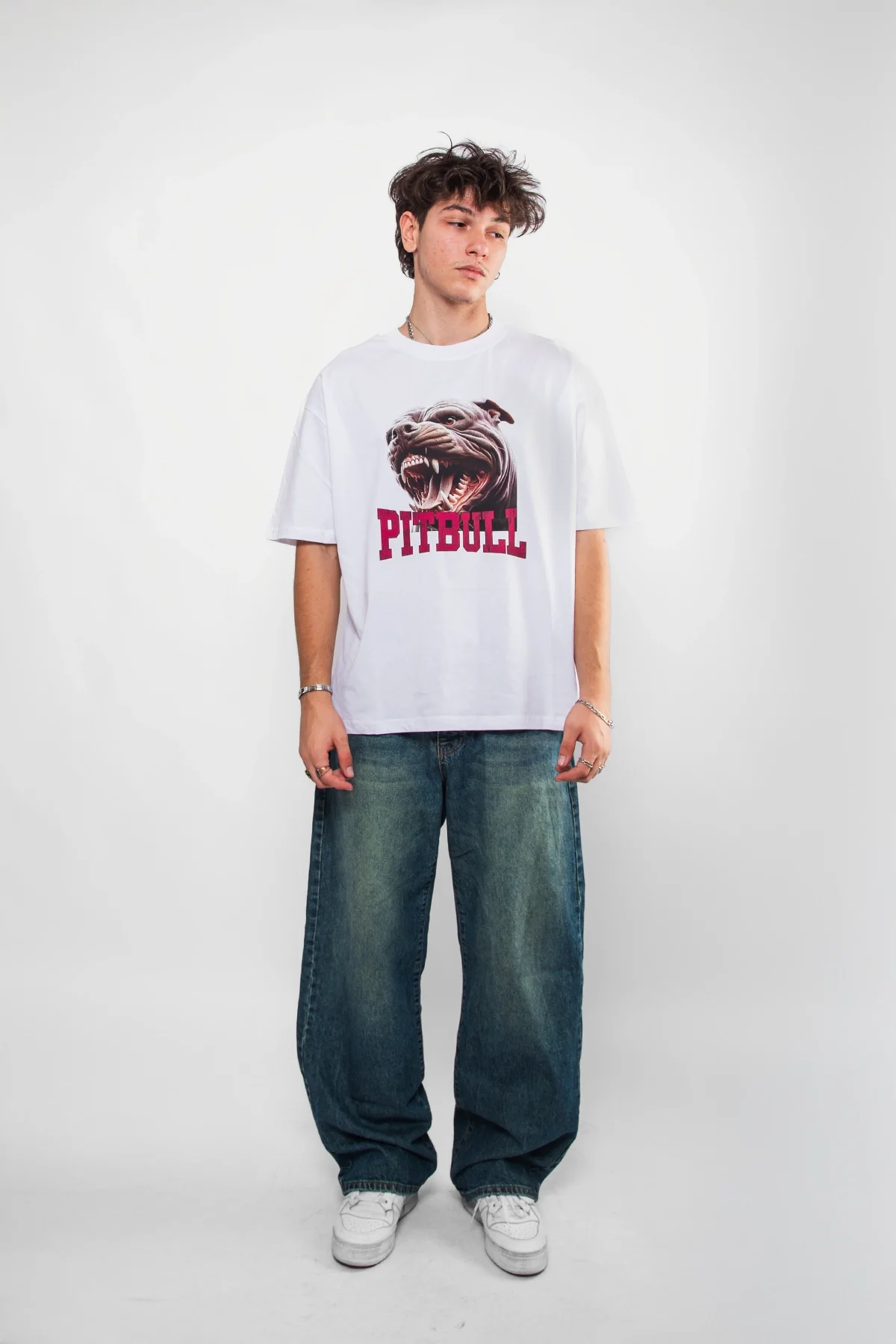 Pitbull Baskılı Oversize Unisex Beyaz Tshirt