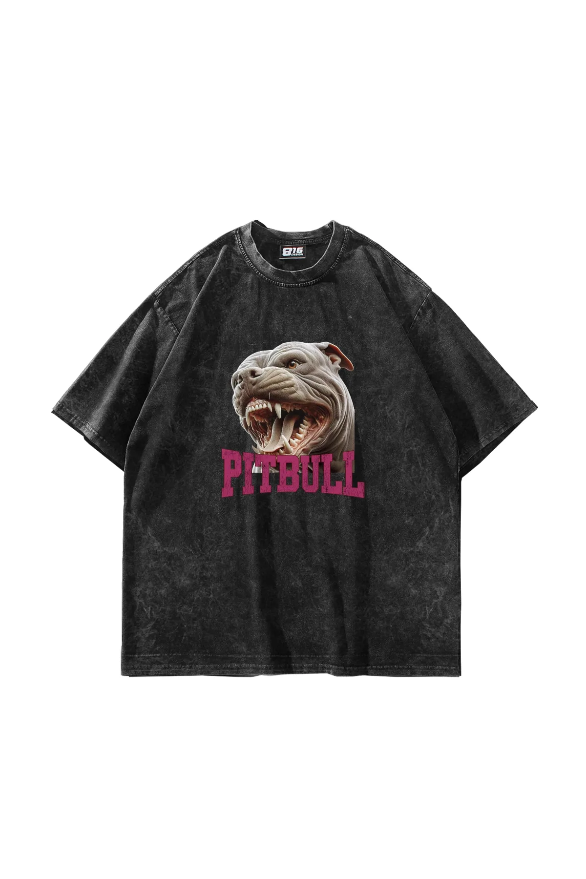 Pitbull Baskılı Oversize Unisex Yıkamalı Siyah Tshirt