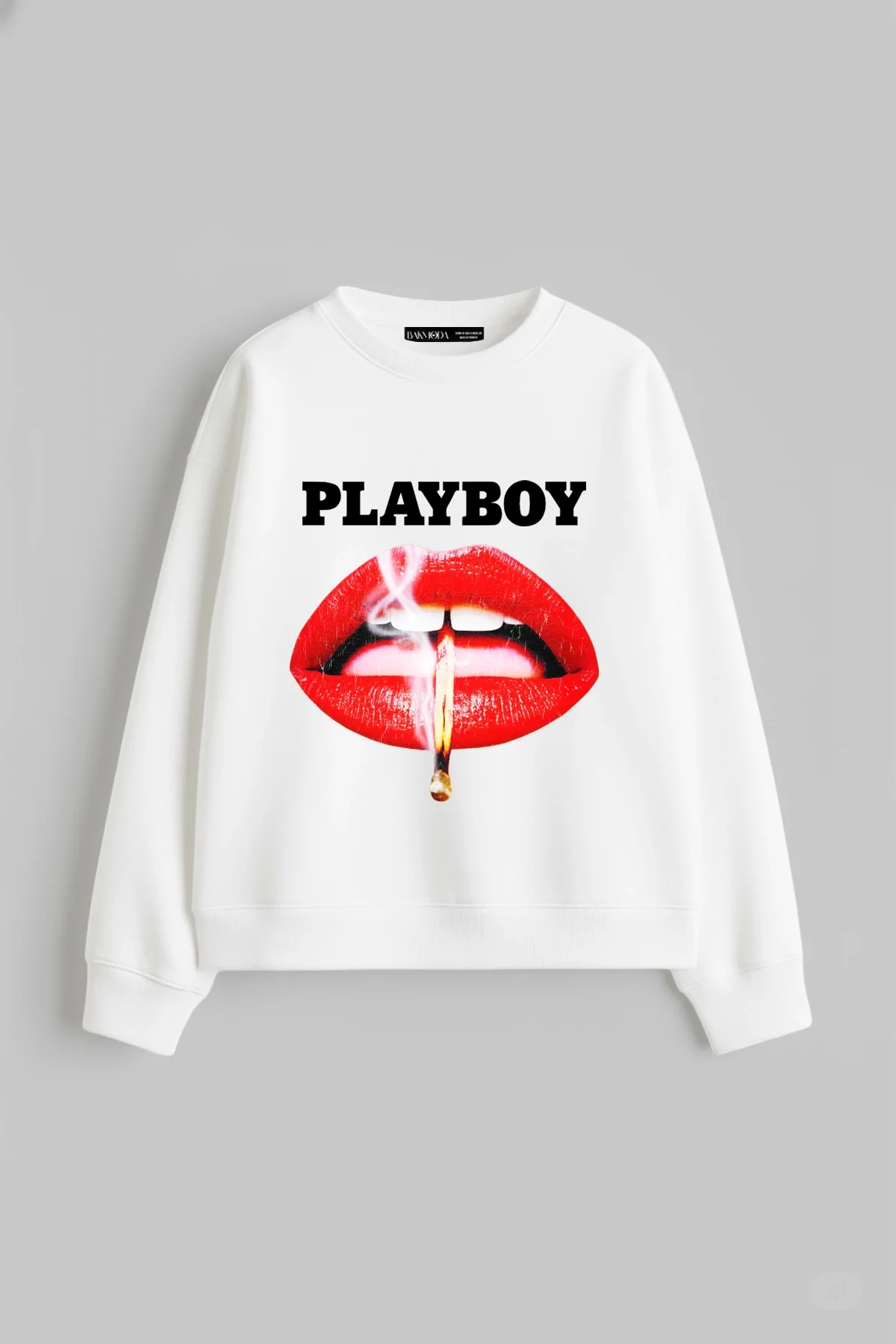 Playboy Baskılı Kapüşonsuz Relaxed Fit Kadın Beyaz Sweatshirt