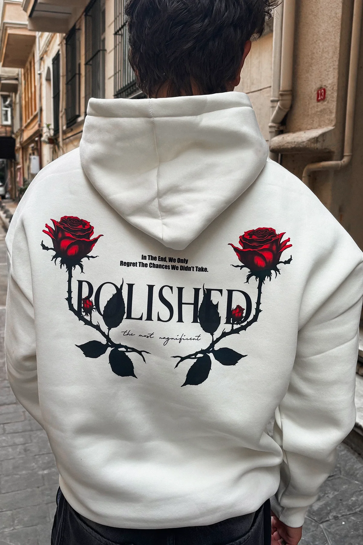Polished Rose Baskılı Oversize Unisex Beyaz Hoodie