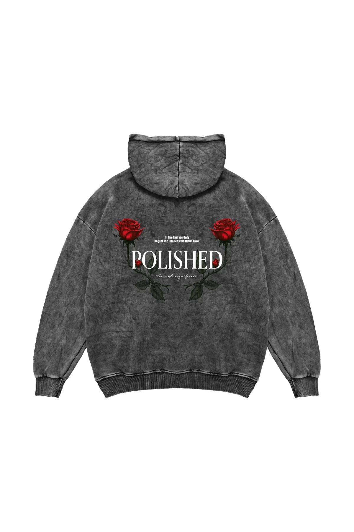 Polished Rose Baskılı Oversize Unisex Yıkamalı Siyah Hoodie