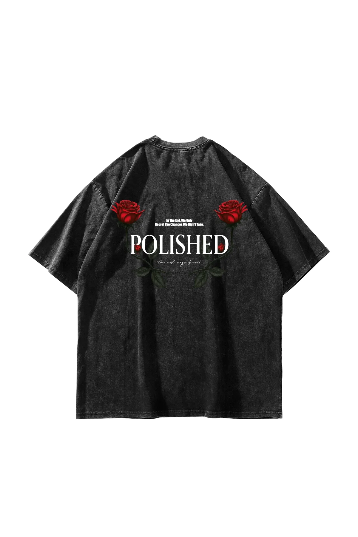 Polished Rose Baskılı Oversize Unisex Yıkamalı Siyah Tshirt