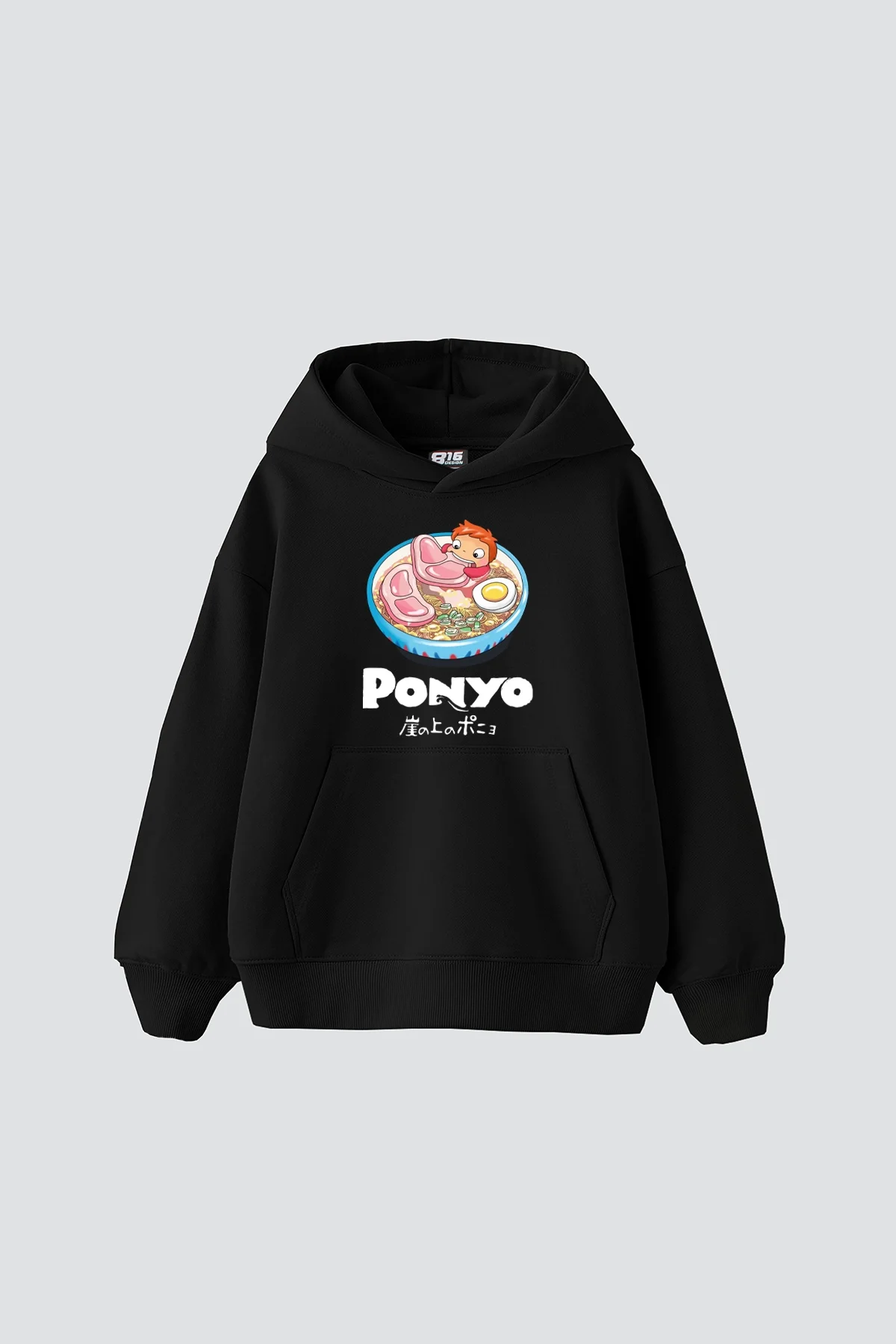 Ponyo Baskılı Oversize Unisex Siyah Hoodie
