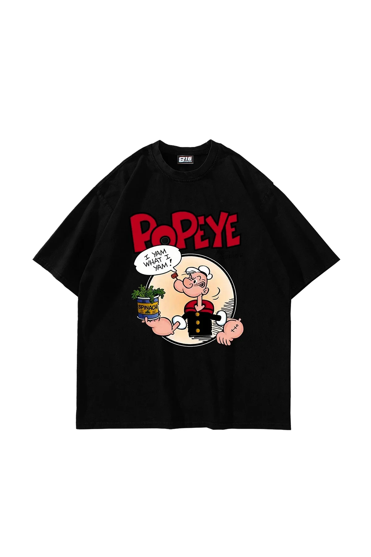 Popeye Baskılı Oversize Unisex Siyah Tshirt