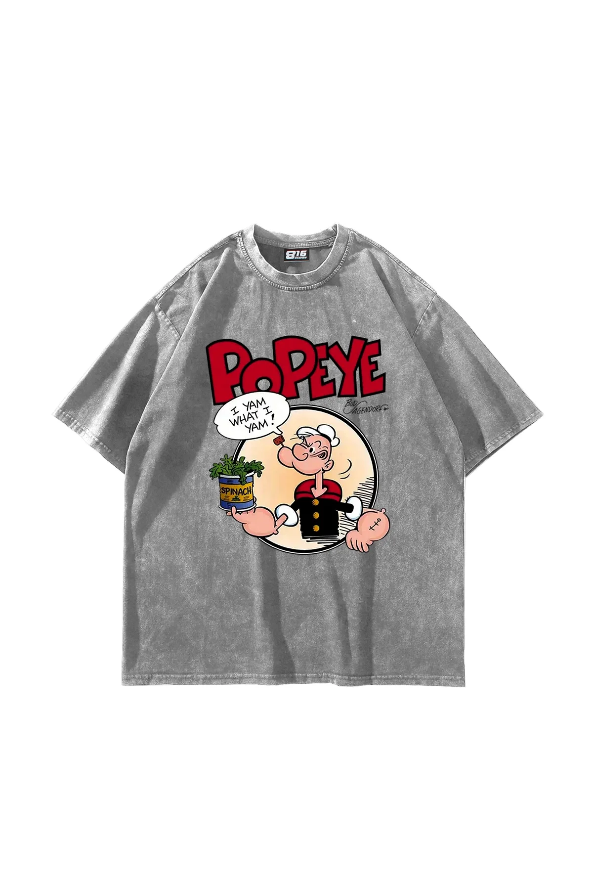 Popeye Baskılı Oversize Unisex Yıkamalı Beyaz Tshirt