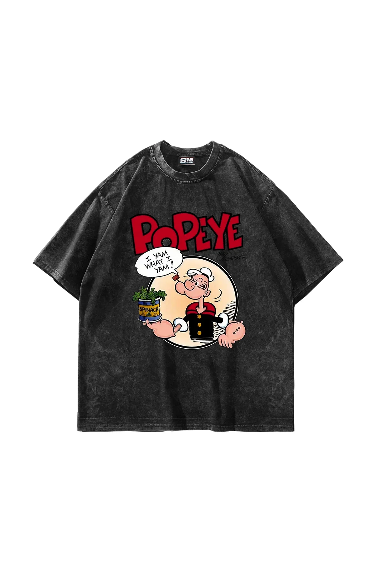 Popeye Baskılı Oversize Unisex Yıkamalı Siyah Tshirt