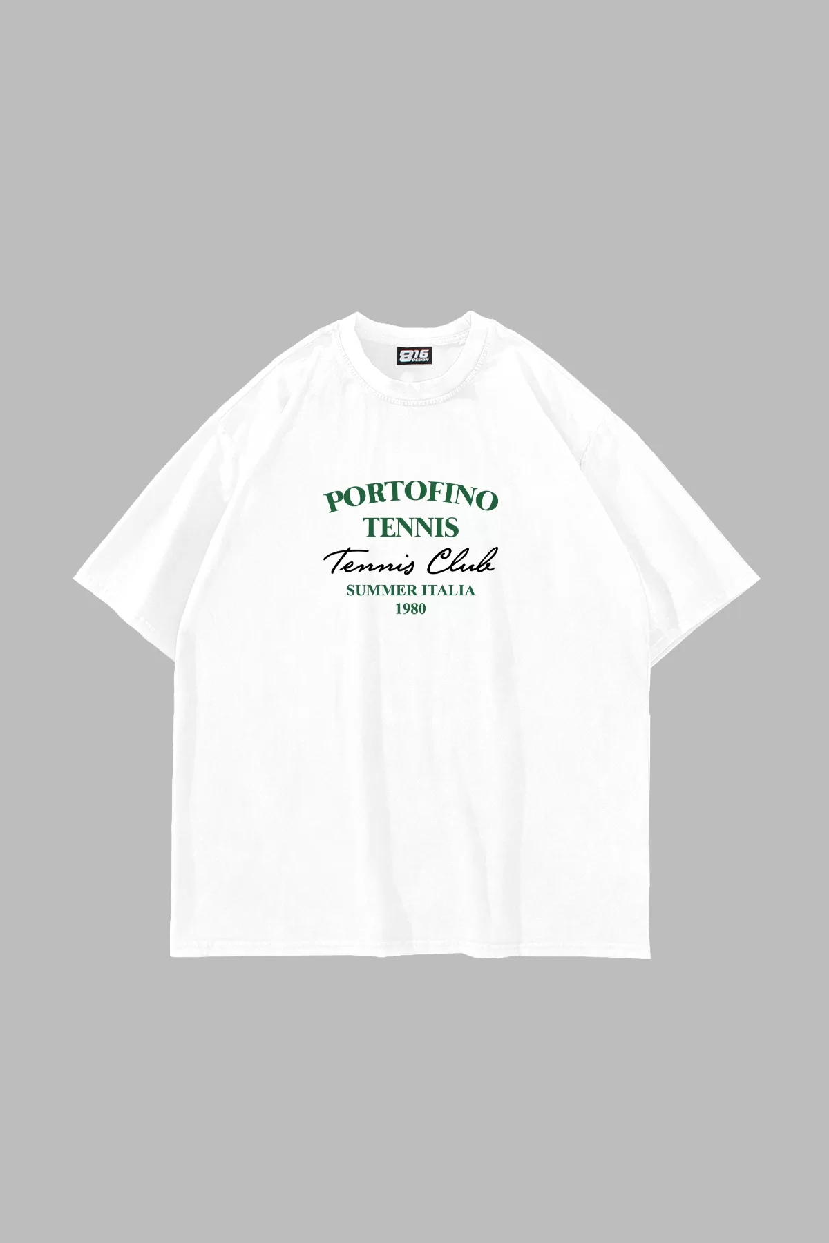 Portofino Tennis Club Baskılı Oversize Unisex Beyaz Tshirt