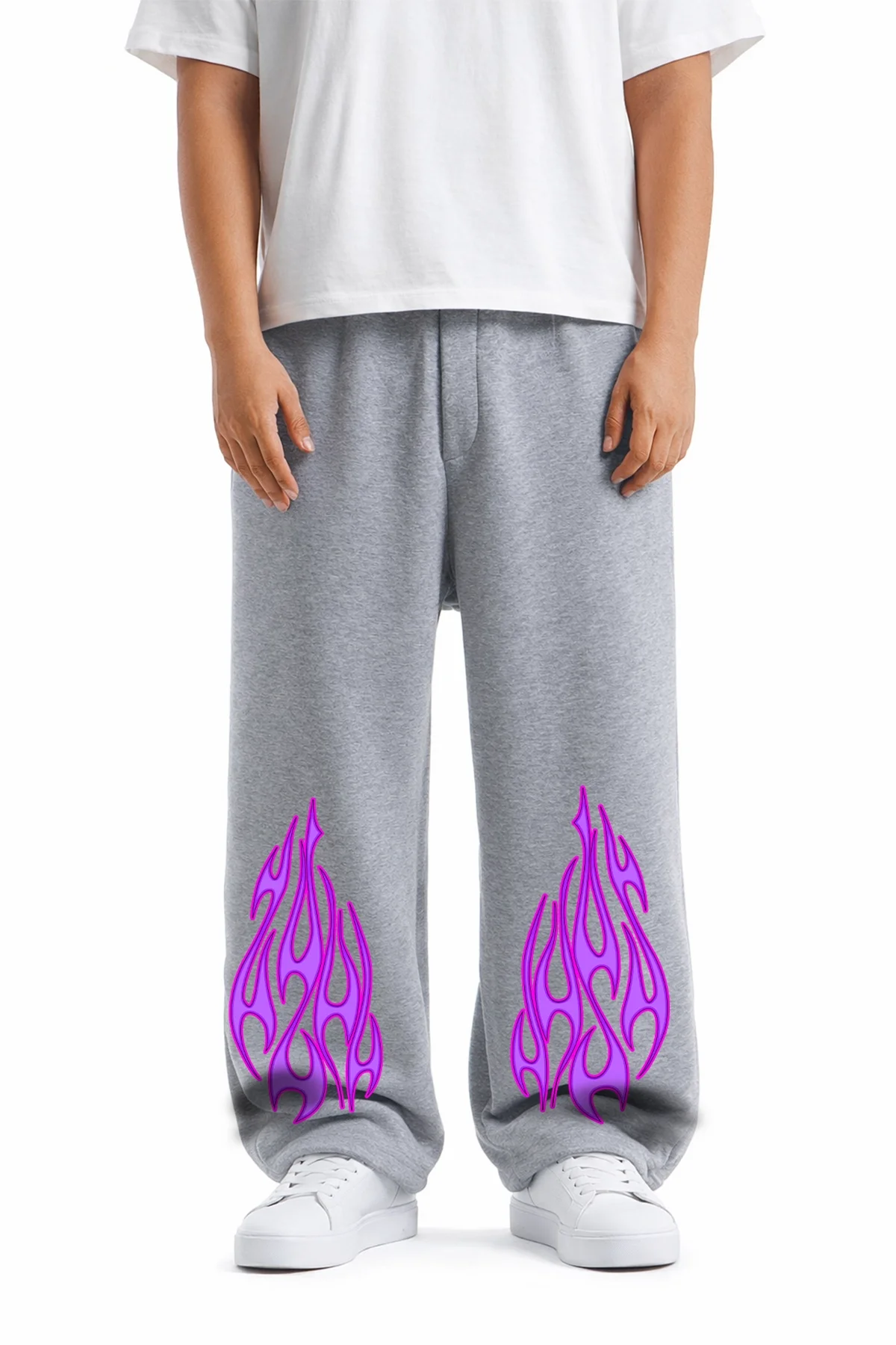 Premium Purple Flame Wide Leg Erkek Gri Eşofman Altı