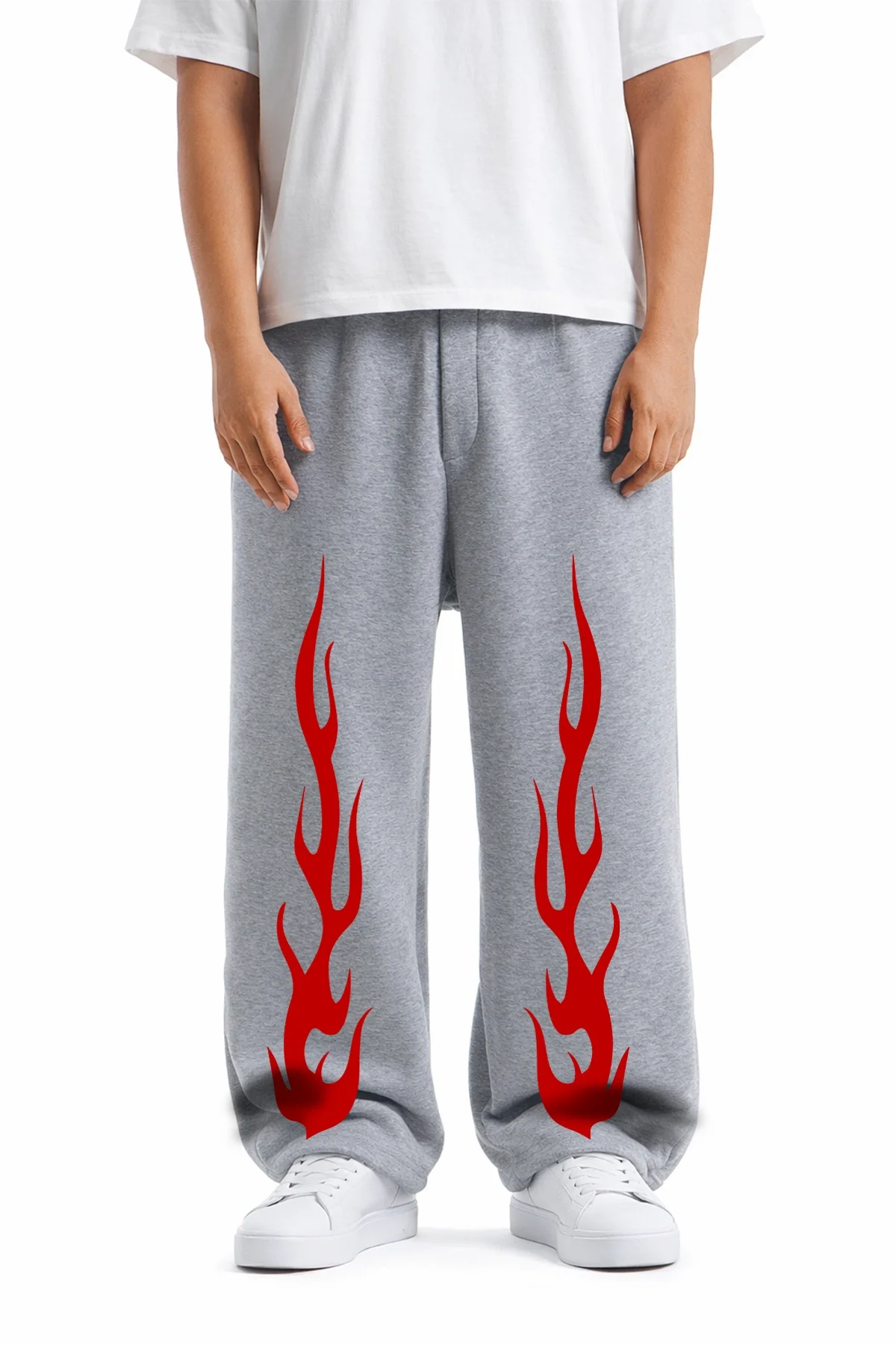 Premium Red Flame Wide Leg Erkek Gri Eşofman Altı