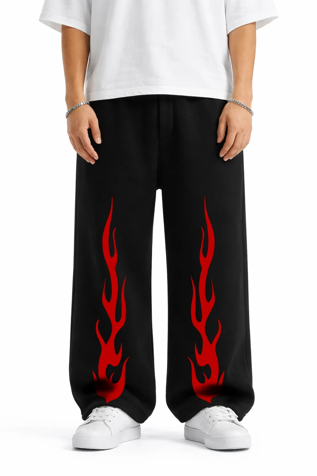 Premium Red Flame Wide Leg Erkek Siyah Eşofman Altı