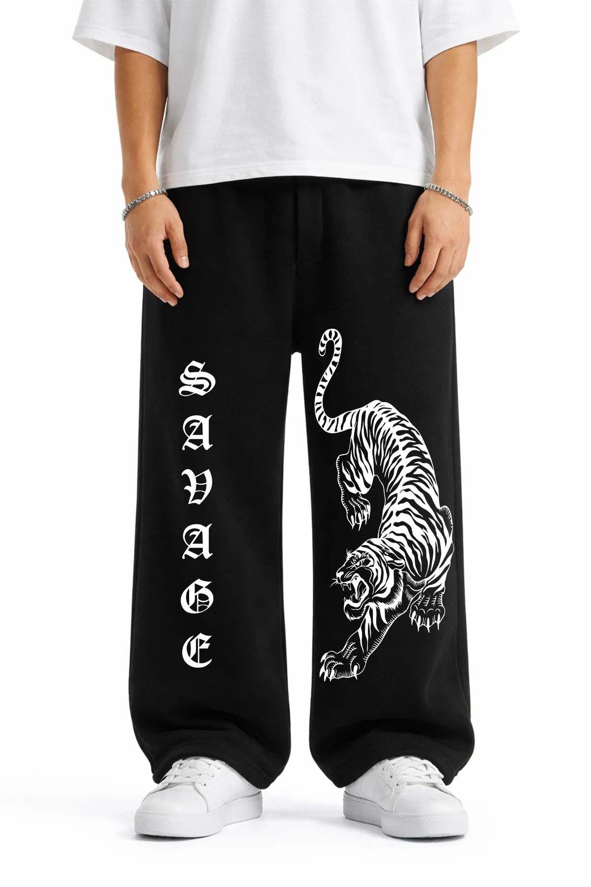 Premium Savage Tiger Wide Leg Erkek Siyah Eşofman Altı