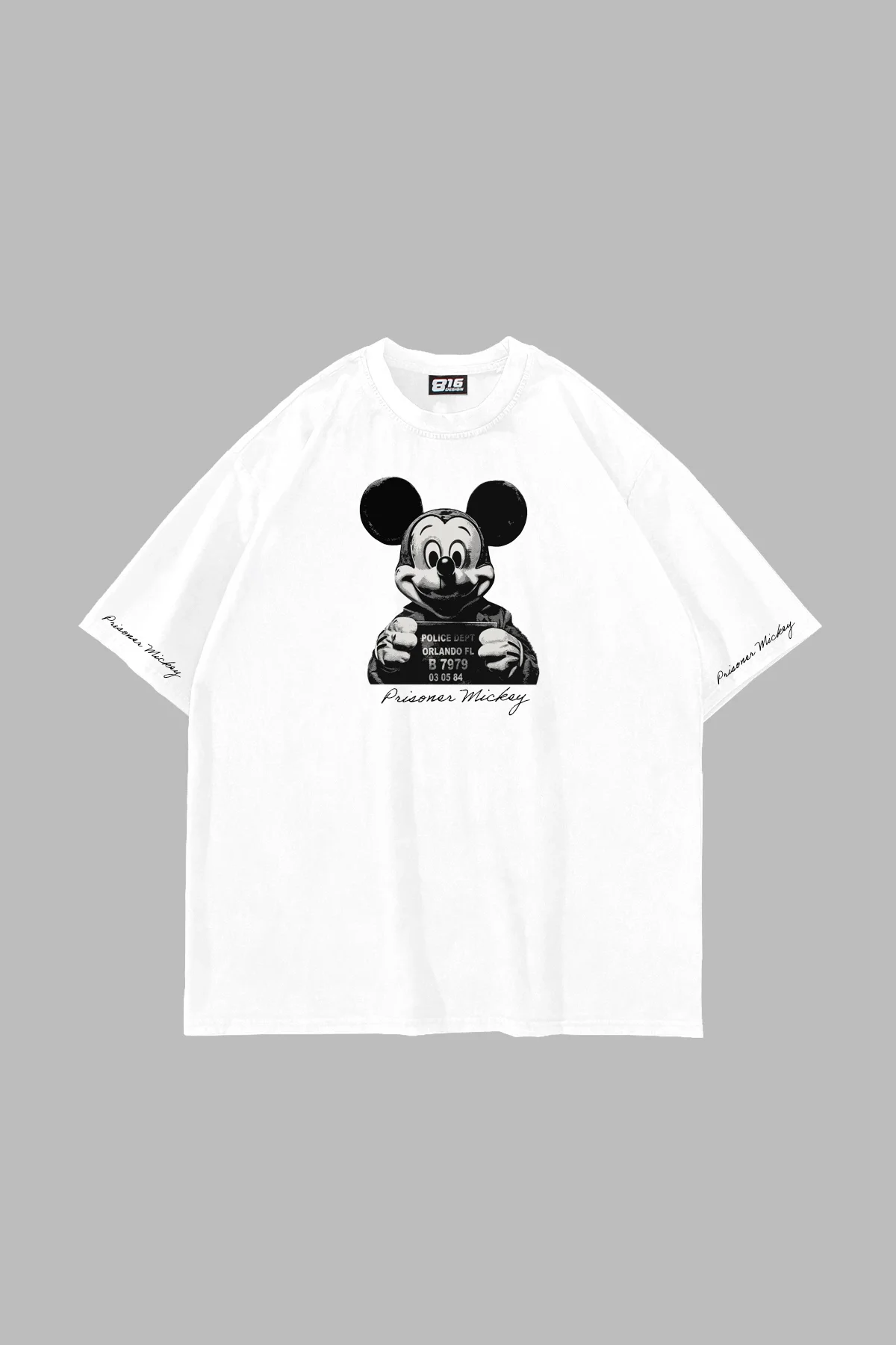 Prisoner Mickey Baskılı Oversize Unisex Beyaz Tshirt