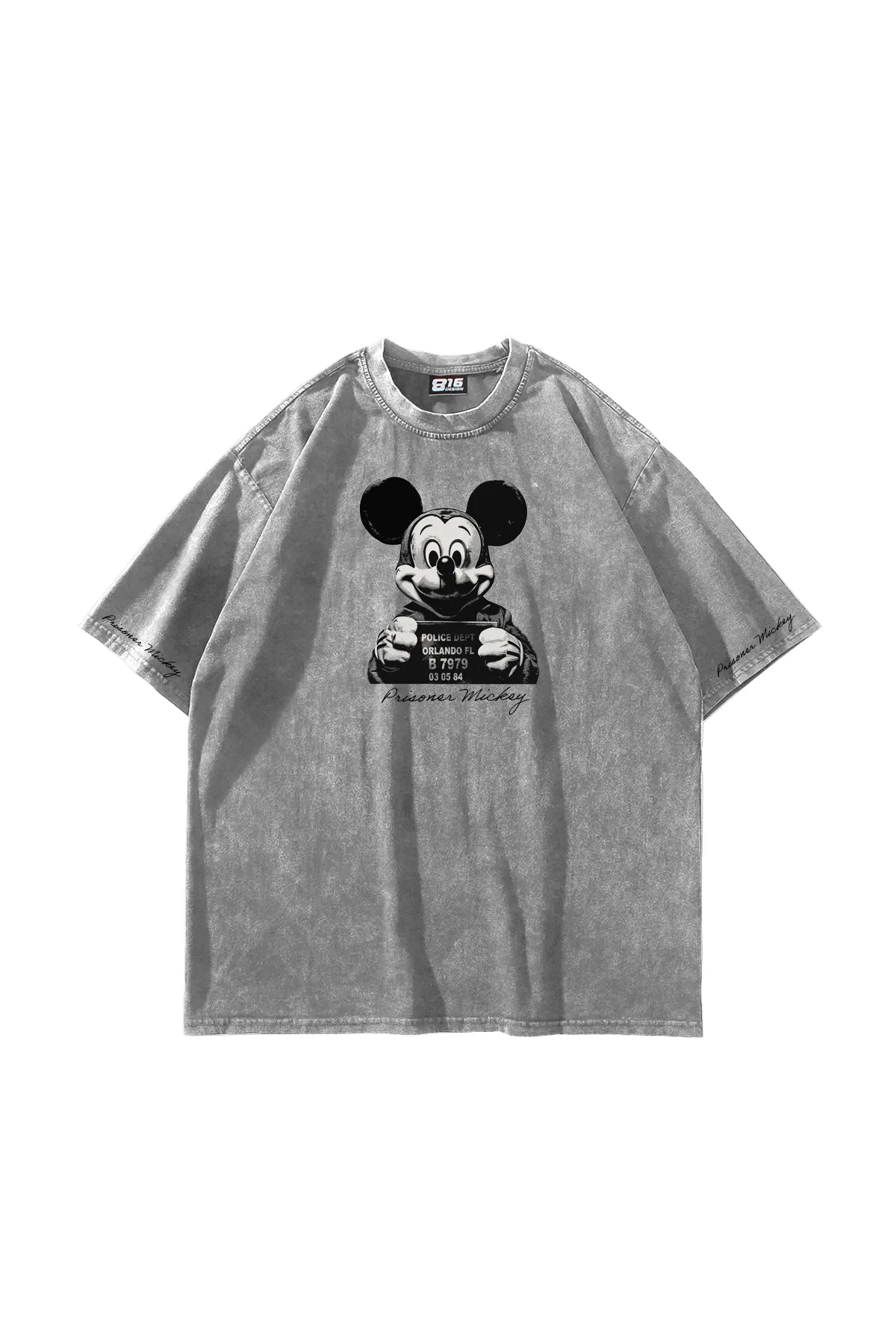 Prisoner Mickey Baskılı Oversize Unisex Yıkamalı Beyaz Tshirt