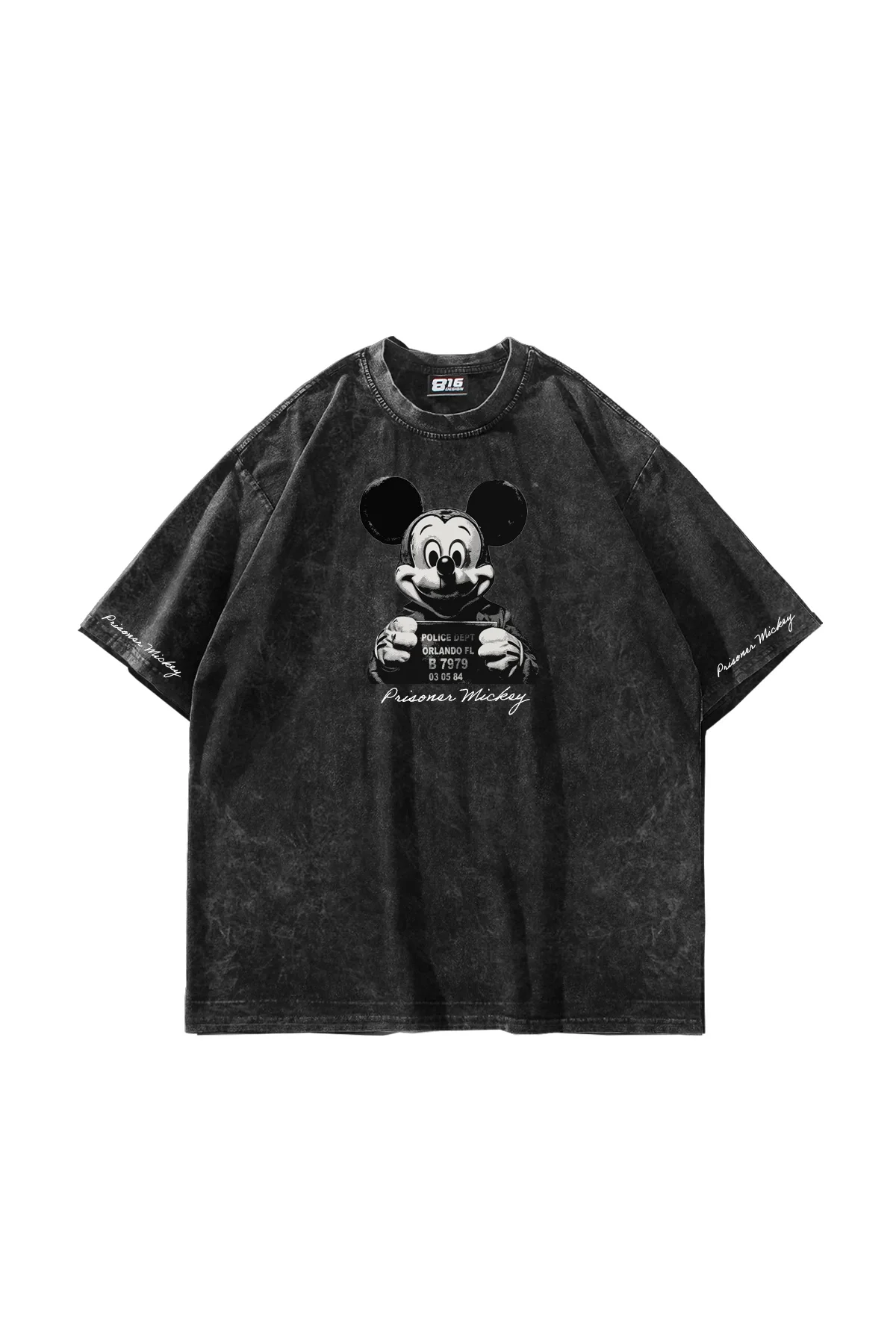 Prisoner Mickey Baskılı Oversize Unisex Yıkamalı Siyah Tshirt