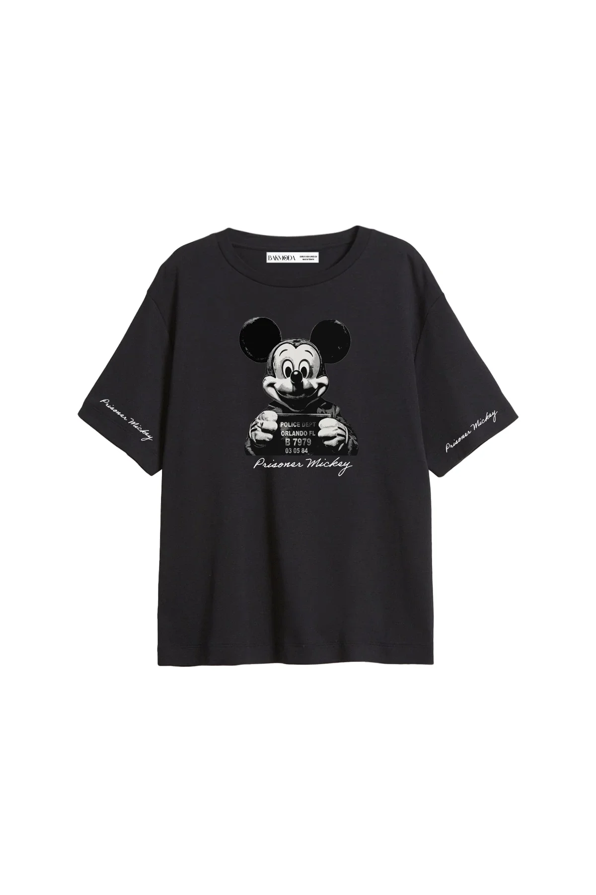Prisoner Mickey Baskılı Relaxed Fit Siyah Kadın Tshirt