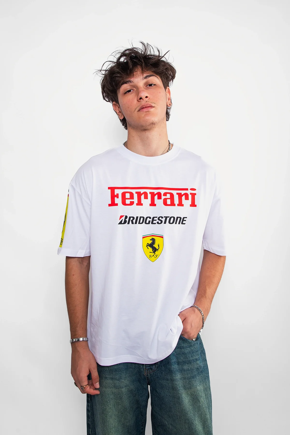 Racing F. Baskılı Oversize Unisex Beyaz Tshirt