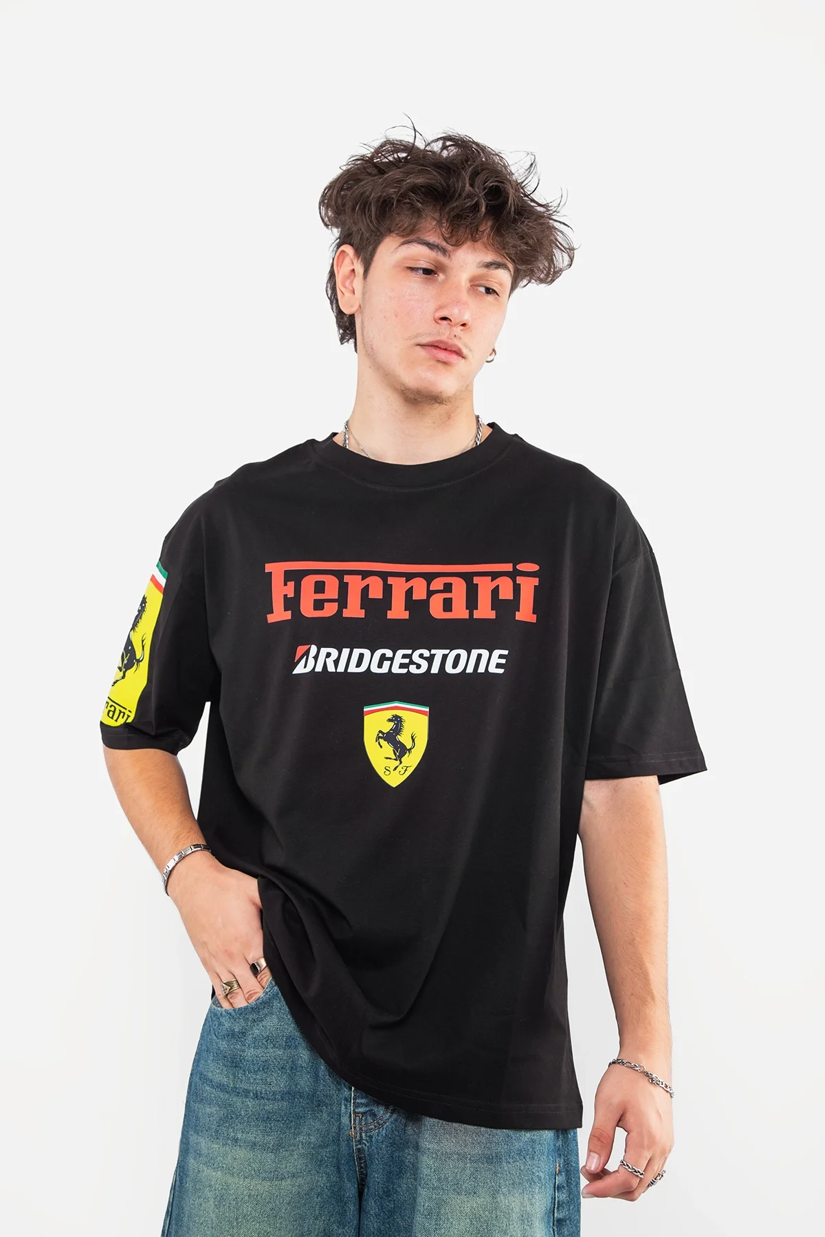 Racing F. Baskılı Oversize Unisex Siyah Tshirt