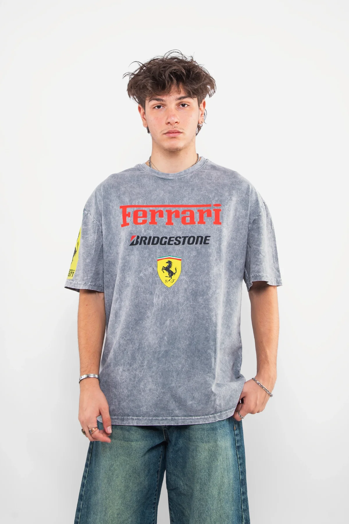 Racing F. Baskılı Oversize Unisex Yıkamalı Beyaz Tshirt