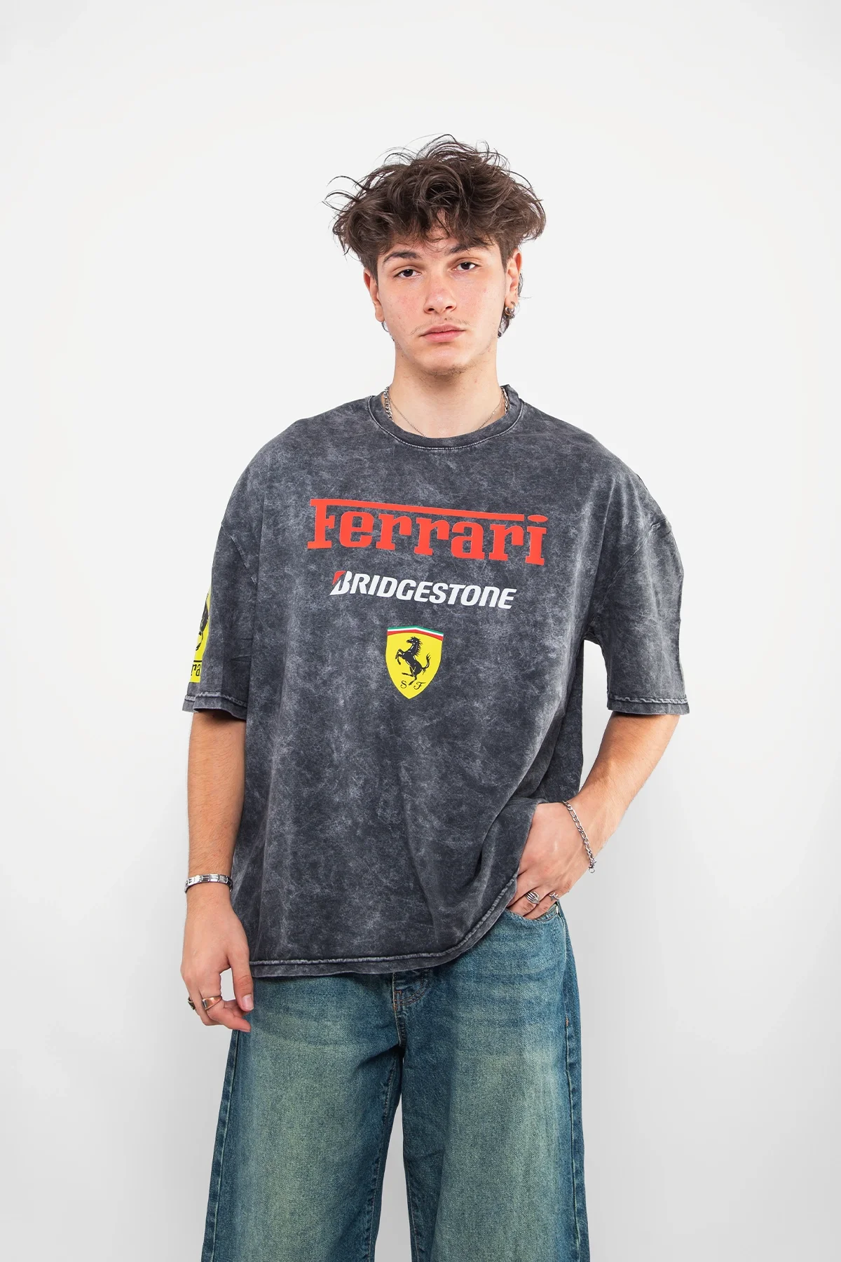 Racing F. Baskılı Oversize Unisex Yıkamalı Siyah Tshirt
