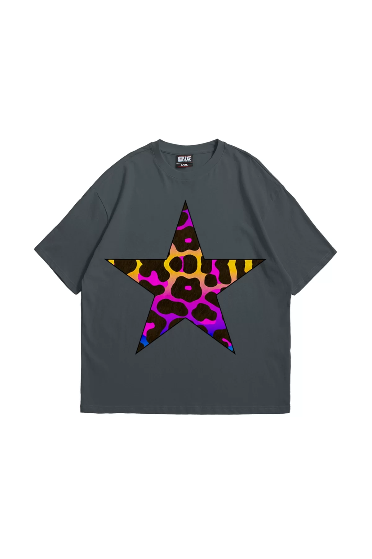 Rainbow Leopard Baskılı Oversize Unisex Antrasit Tshirt