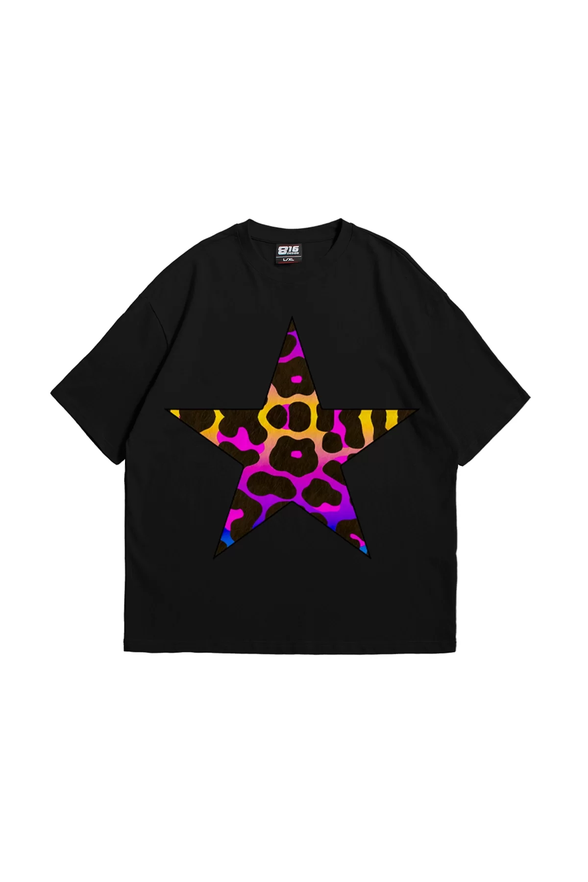 Rainbow Leopard Baskılı Oversize Unisex Siyah Tshirt