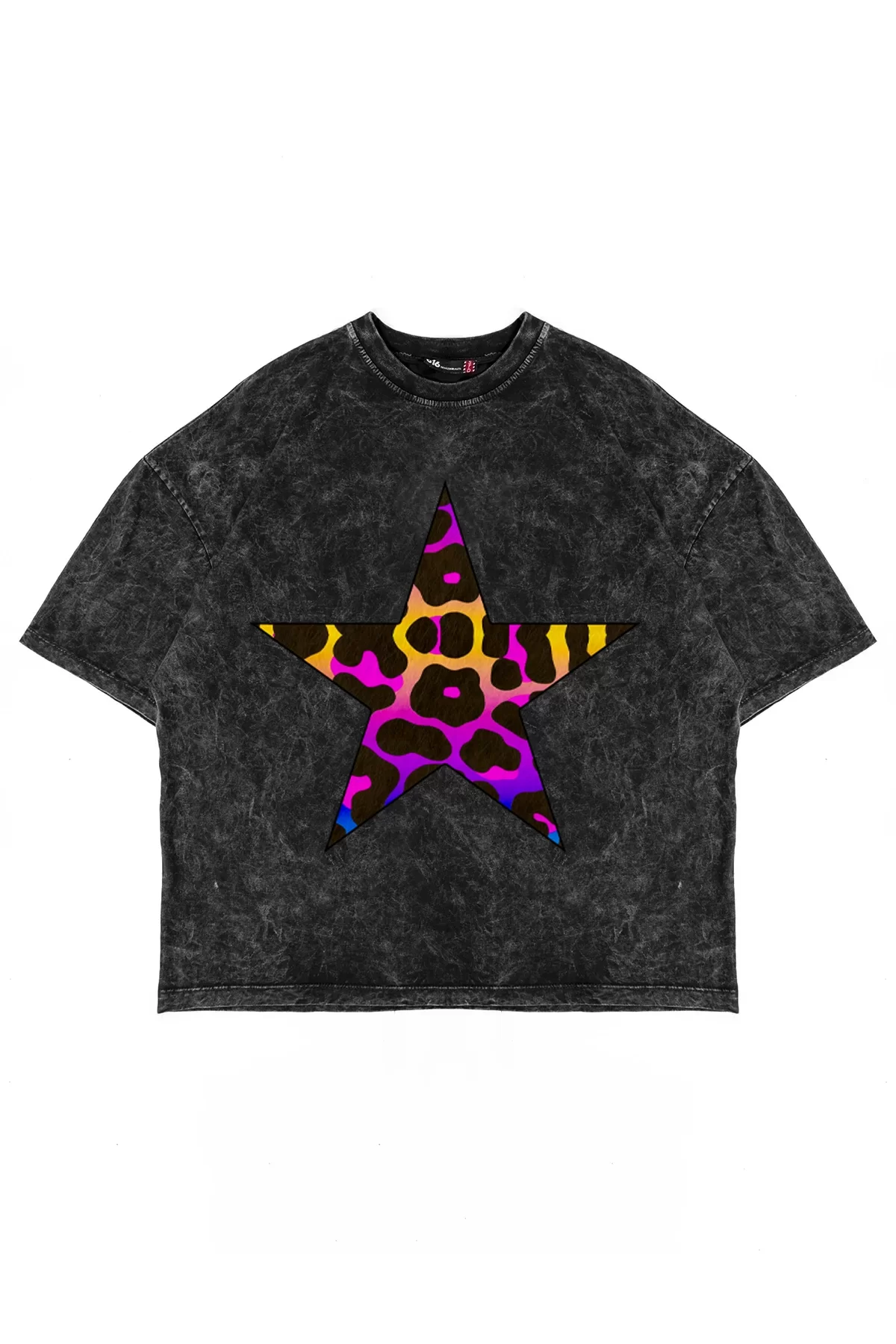 Rainbow Leopard Baskılı Oversize Unisex Yıkamalı Siyah Tshirt