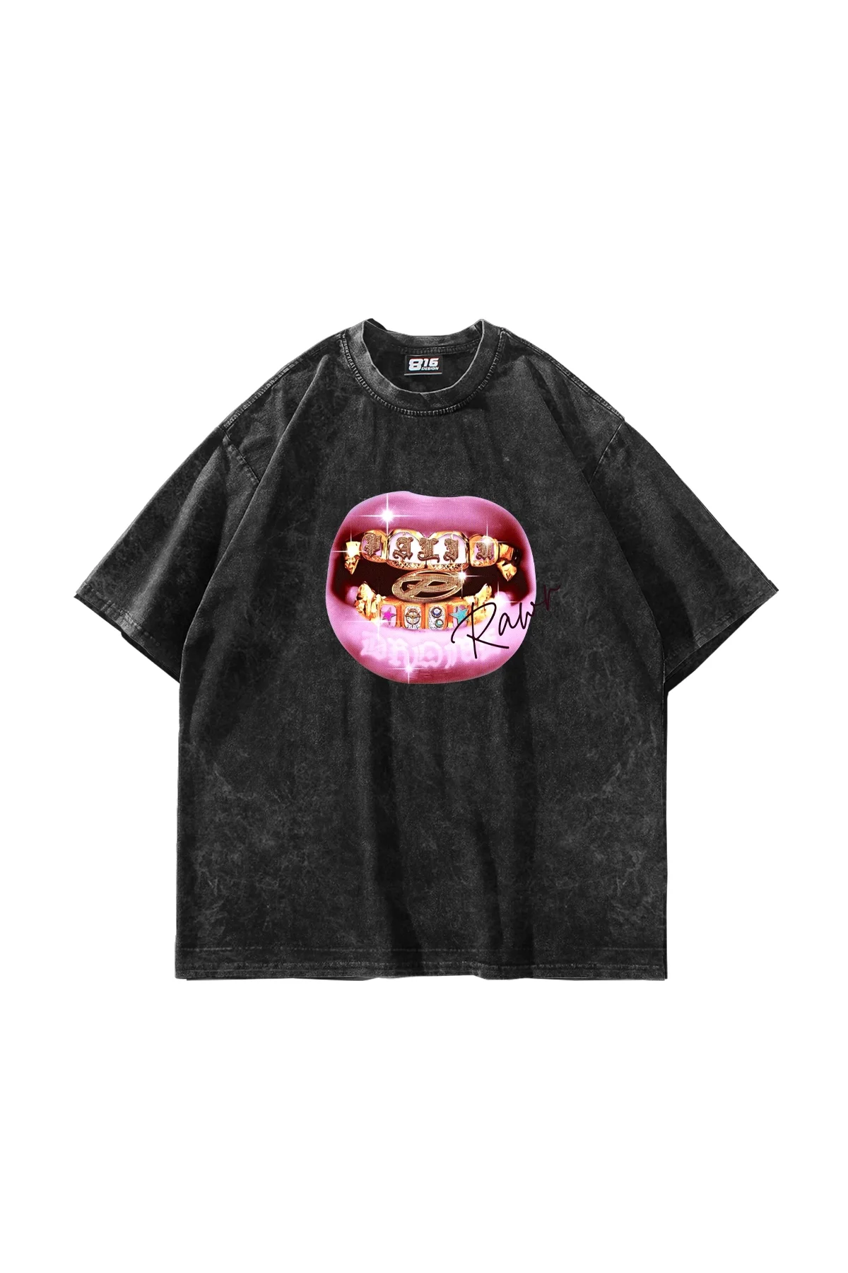 Rawr Teeth Baskılı Oversize Unisex Yıkamalı Siyah Tshirt