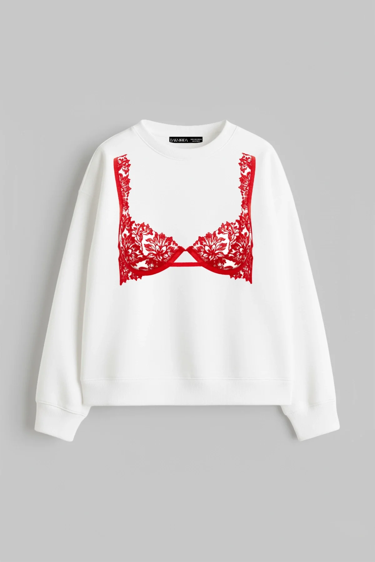 Red Bra Baskılı Kapüşonsuz Relaxed Fit Kadın Beyaz Sweatshirt