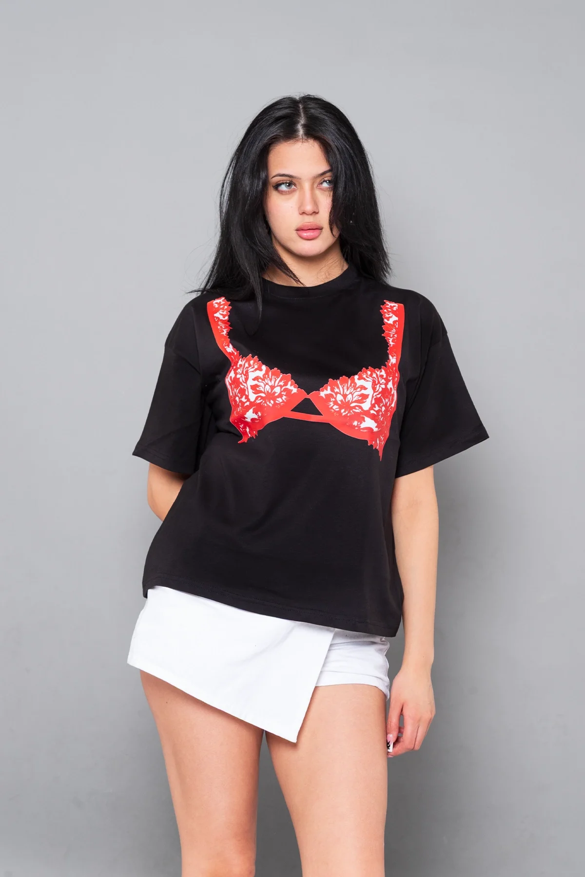 Red Bra Baskılı Relaxed Fit Siyah Kadın Tshirt