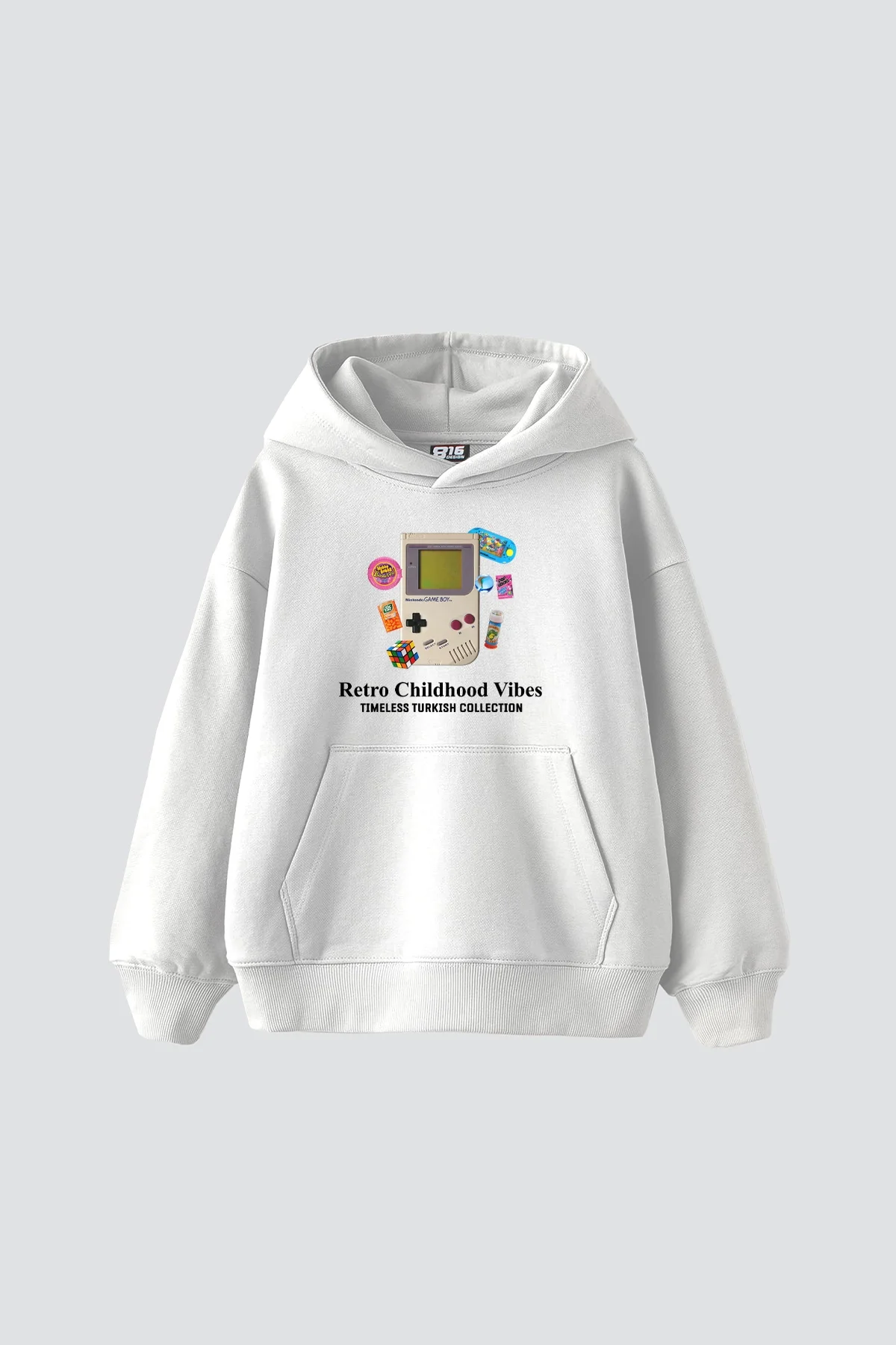 Retro Childhood Vibes Baskılı Oversize Unisex Beyaz Hoodie