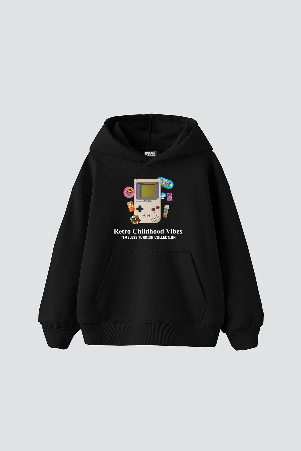 Retro Childhood Vibes Baskılı Oversize Unisex Siyah Hoodie