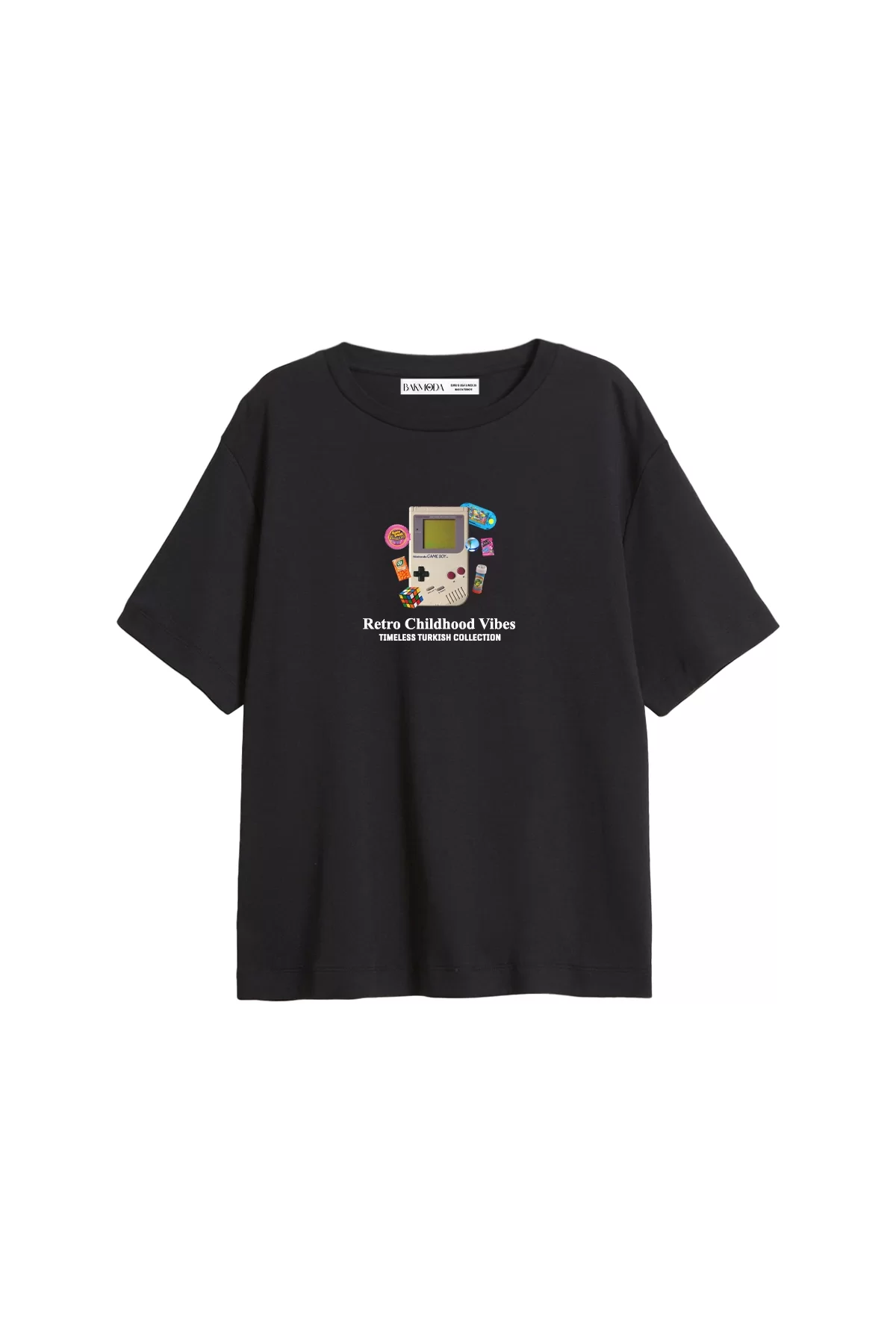 Retro Childhood Vibes Baskılı Relaxed Fit Siyah Kadın Tshirt