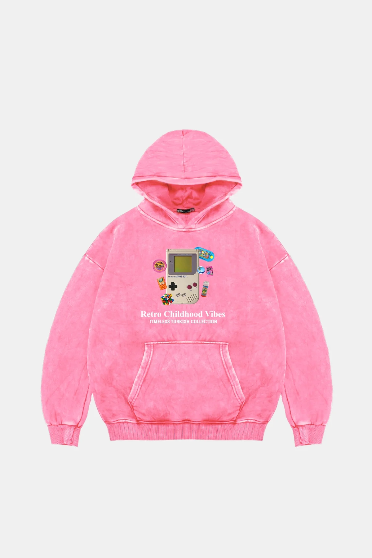 Retro Childhood Vibes Oversize Unisex Yıkamalı Pembe Hoodie
