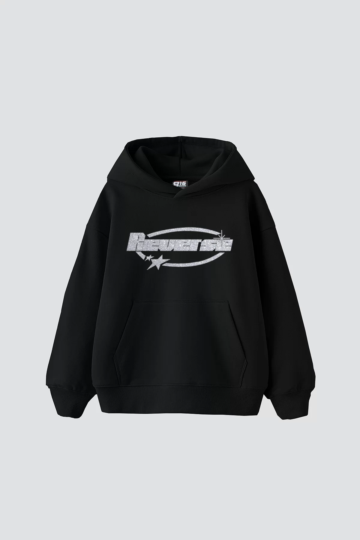 Reverse Taş Baskılı Oversize Unisex Siyah Hoodie